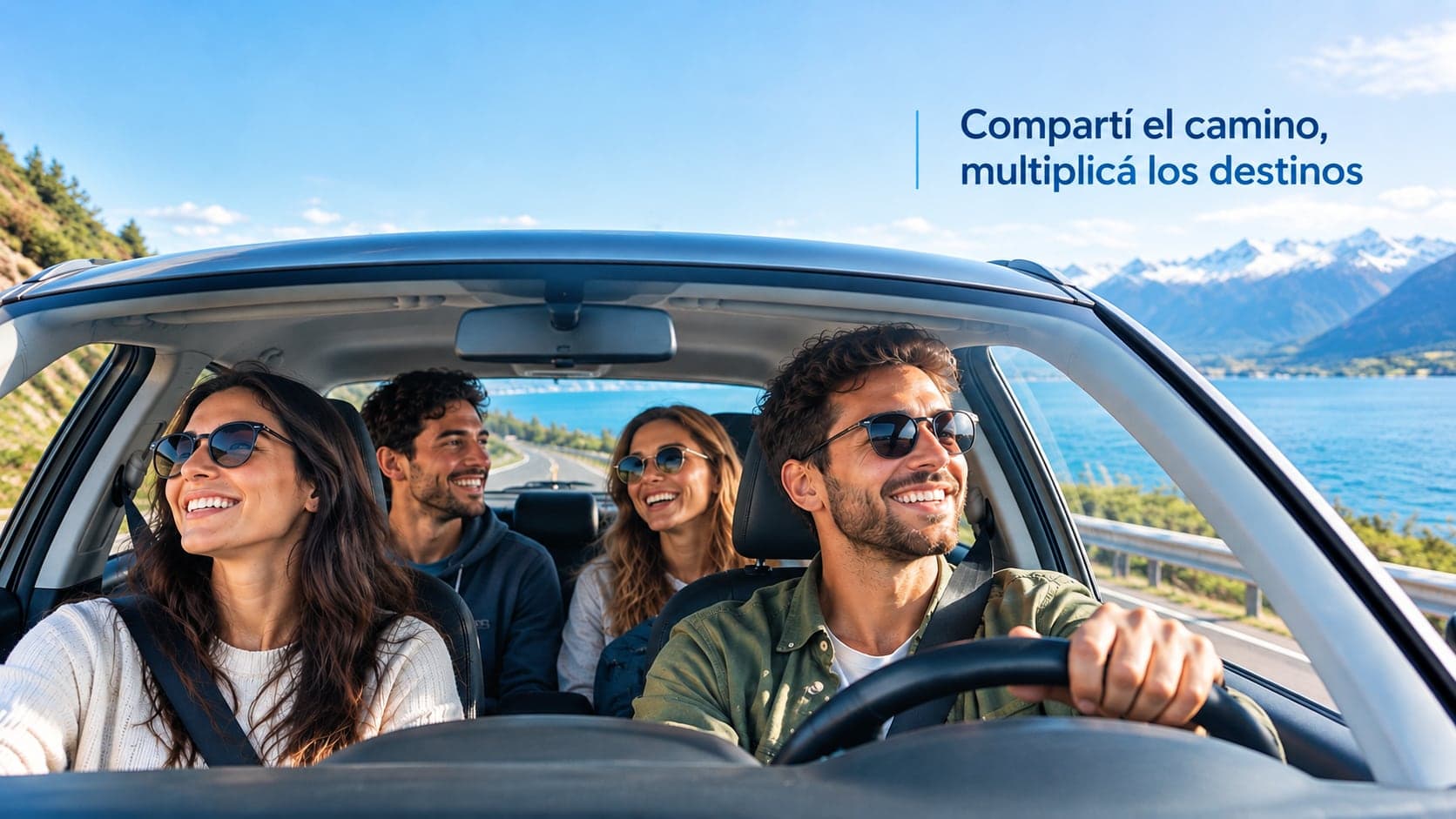 Cuatro amigos viajan juntos en auto por una ruta junto a un lago de montaña